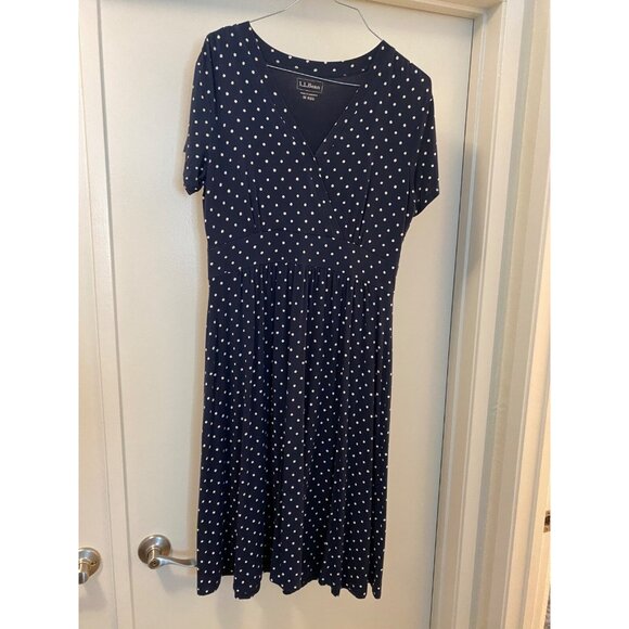 LL Bean Women Classic Dress Navy Blue & White Polka Dot  V-Neck Lg - Picture 2 of 12
